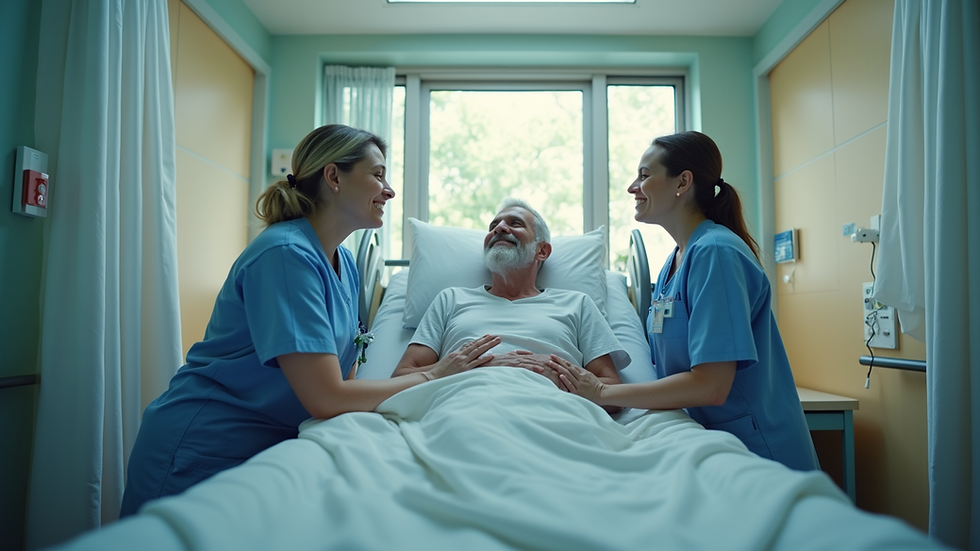 Eye-level view of a hospital room with a patient and a nurse sharing a moment of gratitude