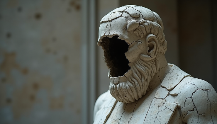 Eye-level view of a cracked statue of a king revealing a hollow inside
