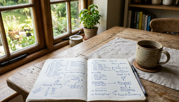 Close-up view of a handwritten notebook on a kitchen table beside a half-full mug