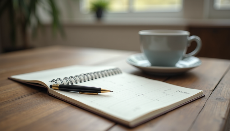 Close-up view of a journal and pen on a wooden desk with a cup of coffee
