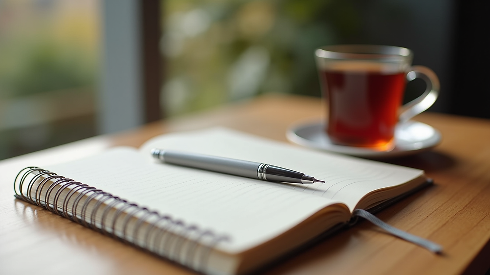 Close-up view of a journal and pen on a wooden desk with a cup of tea