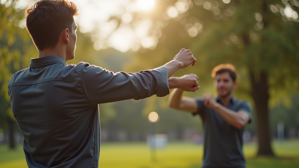 Eye-level view of a person practicing a basic self-defense stance in a park