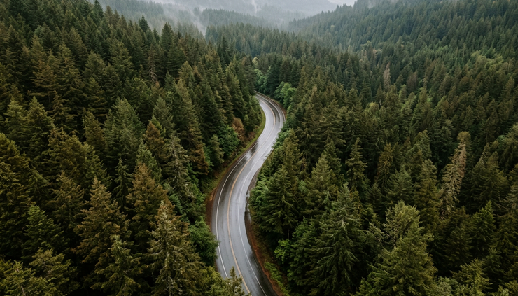 Overhead view of a quiet mountain road curving through pine trees after rainfall.
