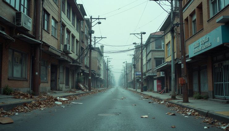 Eye-level view of a deserted city street with broken streetlights and scattered debris