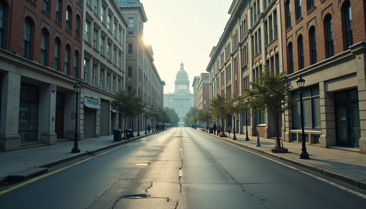High angle view of a deserted city street with closed government offices
