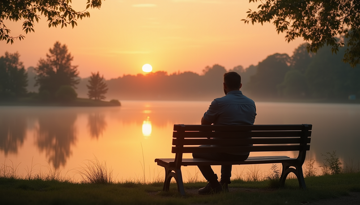 Eye-level view of a man sitting on a bench overlooking a calm lake at sunrise