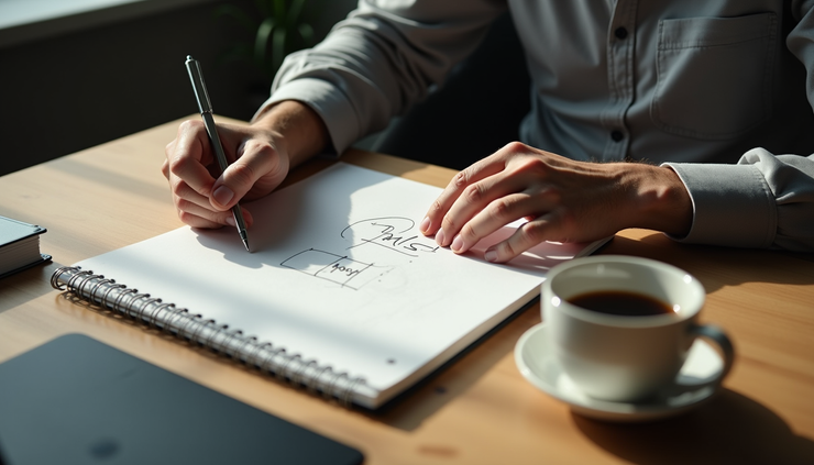High angle view of a man writing goals in a notebook at a desk with a cup of coffee