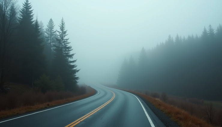 Eye-level view of a winding road disappearing into a foggy forest
