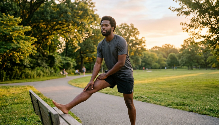 Eye-level view of a Black man stretching outdoors at sunrise