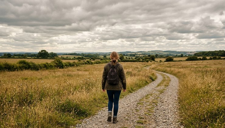 Eye-level view of a person walking alone on a gravel path through open fields beneath a cloudy sky.