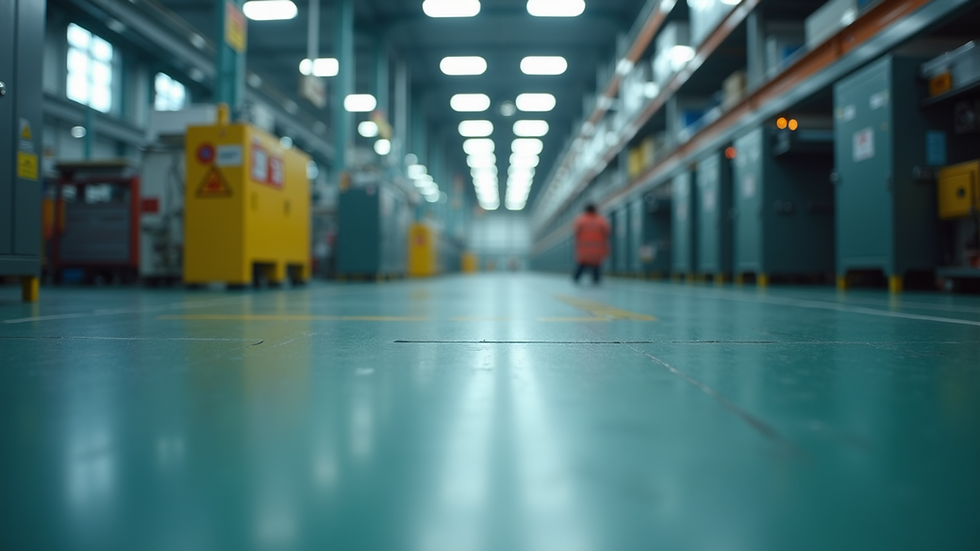 Eye-level view of a factory floor with safety signs and equipment