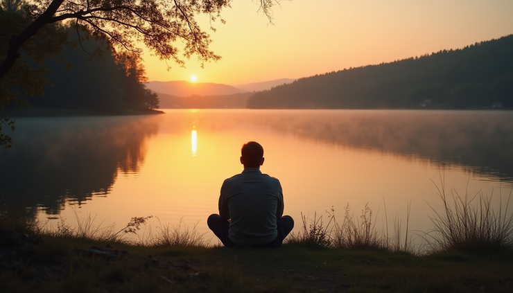 Eye-level view of a person sitting quietly by a calm lake at sunset