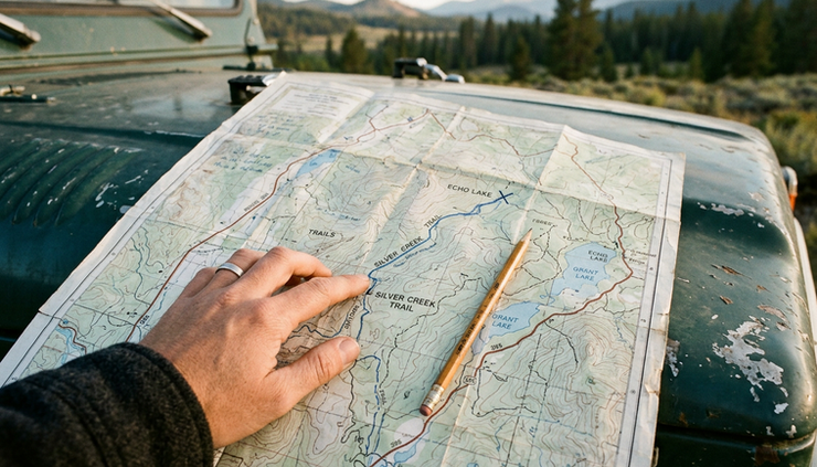 Close-up view of a paper map spread across a car hood with a hand resting near a marked route.