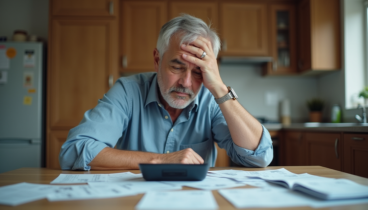 Eye-level view of a man sitting alone at a kitchen table with bills and a calculator