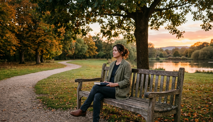 Wide-angle view of a person sitting on a park bench at sunset with a closed book in their lap