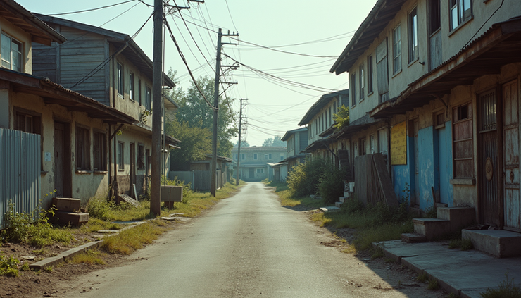 Eye-level view of a worn-down urban neighborhood with boarded-up houses and empty streets