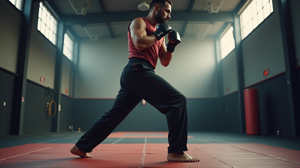 Eye-level view of a person practicing martial arts stance in a gym