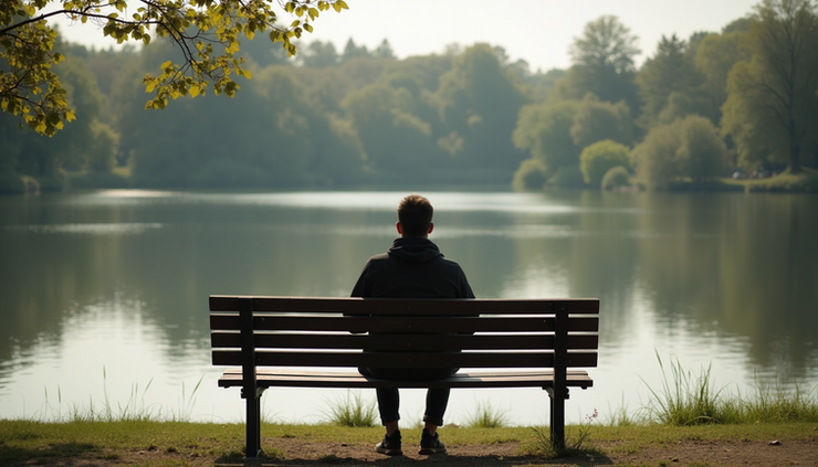 Eye-level view of a person sitting on a park bench looking thoughtfully at a calm lake