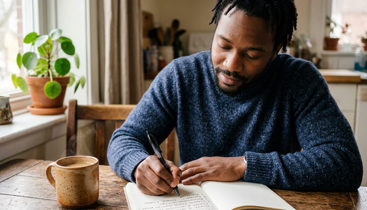 Close-up view of a Black man writing in a notebook at a kitchen table