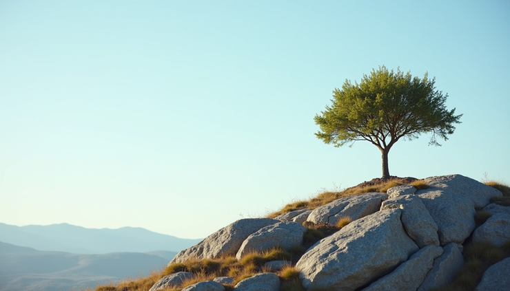 Eye-level view of a single tree growing on a rocky hill under a clear sky