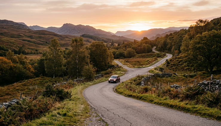 Wide-angle view of a winding rural road at sunrise with a small car approaching a fork in the road.