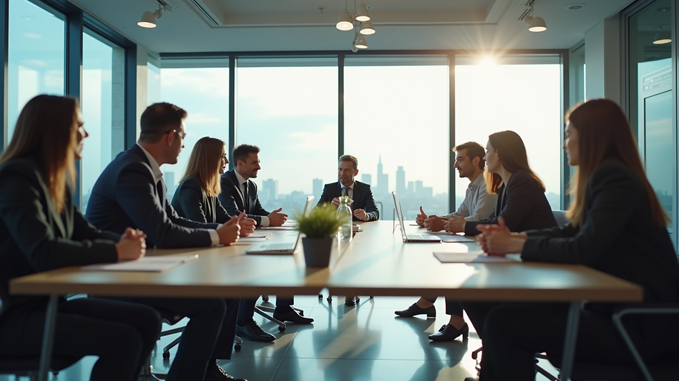 Plano general de una sala de juntas con equipo de trabajo discutiendo estrategias de crecimiento