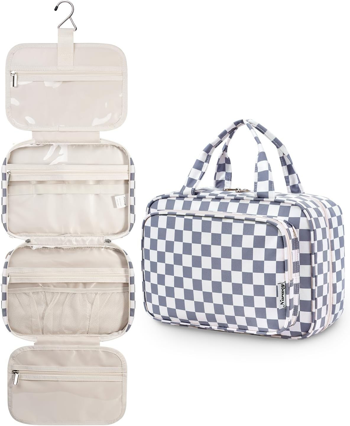 Narwey Large Checkered Hanging Travel Toiletry Bag for Women Wash Bag Cosmetics