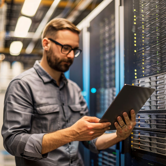 Informático trabajando junto a un servidor