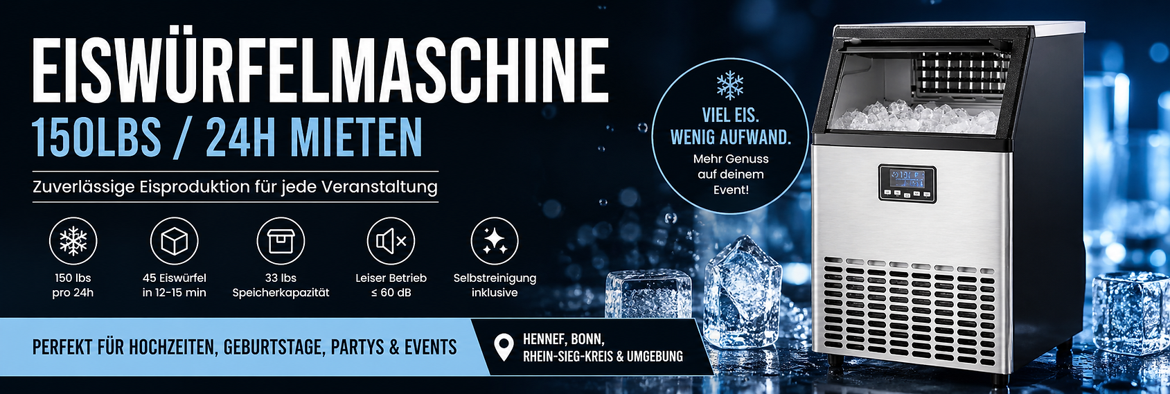 Eiswürfelmaschine 68 kg mit Wassertank für Hochzeiten, Geburtstage und Events in Hennef und Bonn