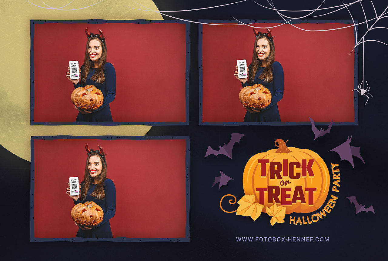 Trick-or-Treat-Fotocollage mit Kürbis, Mond und Fledermäusen