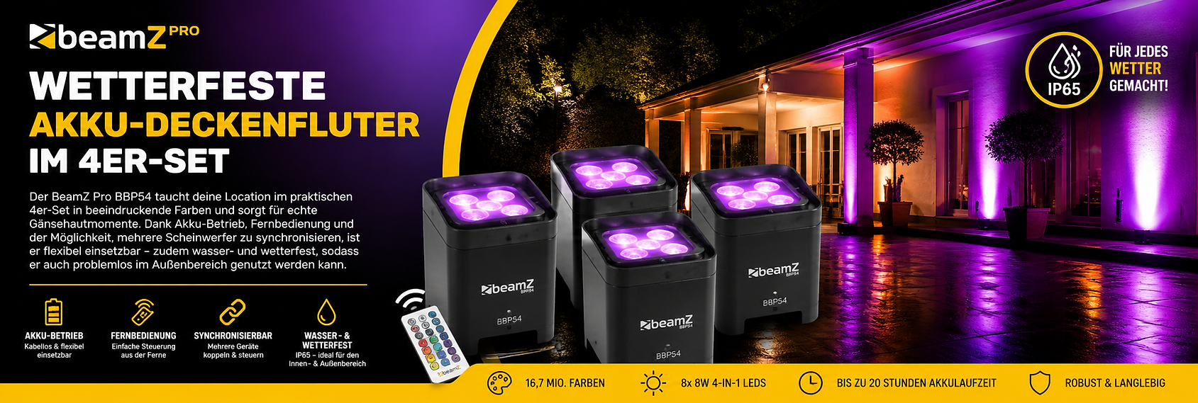 BeamZ Pro Akku-Deckenfluter 4er-Set mit farbiger LED Ambientebeleuchtung für Hochzeiten und Outdoor Events