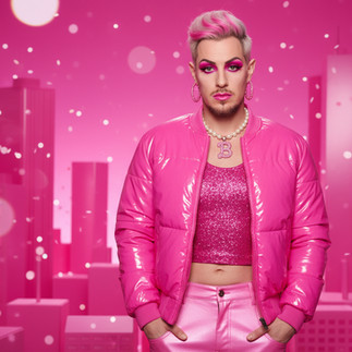 Person in auffälligem pinken Outfit und Make-up vor pinkem Hintergrund im modernen Pop-Art-Stil.