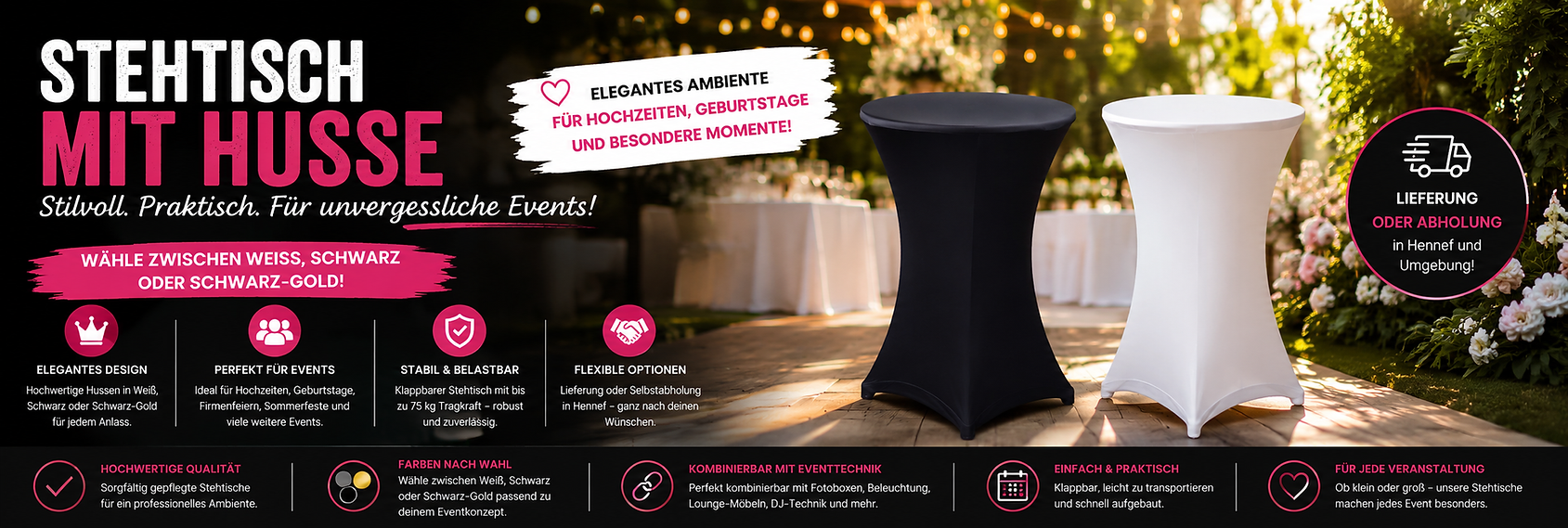 Stehtisch mit schwarzer und weißer Husse für Hochzeit Geburtstag und Event in Hennef Bonn Rhein-Sieg-Kreis