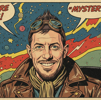 Vintage-Comic-Porträt eines lächelnden Abenteurers mit Fliegerbrille im Retro-Illustrationsstil.