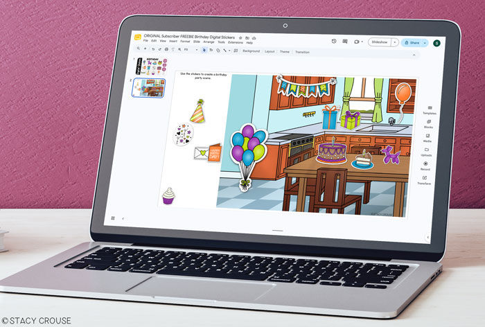 Using digital stickers for a virtual birthday party in a teletherapy session