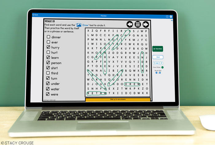 articulation word search Boom Card deck being played on a computer in a speech therapy session