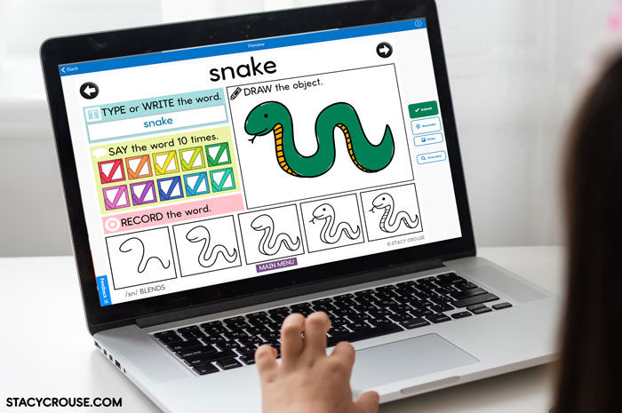 a student drawing on an articulation boom card deck on a laptop in a speech therapy session