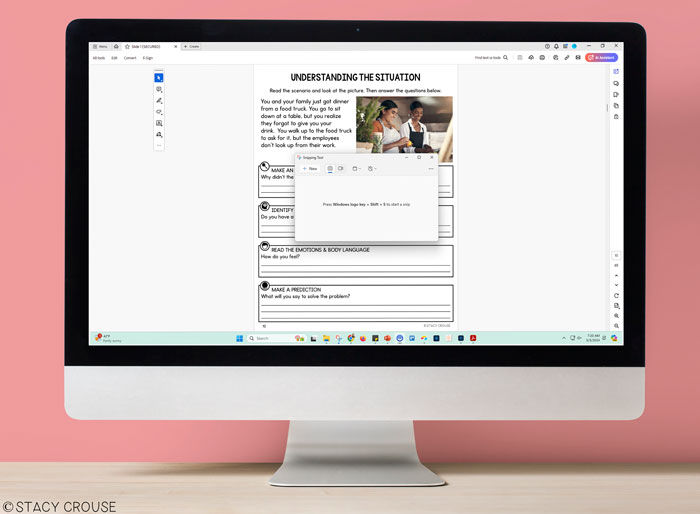 Using the snipping tool to take a screenshot of a speech therapy PDF activity