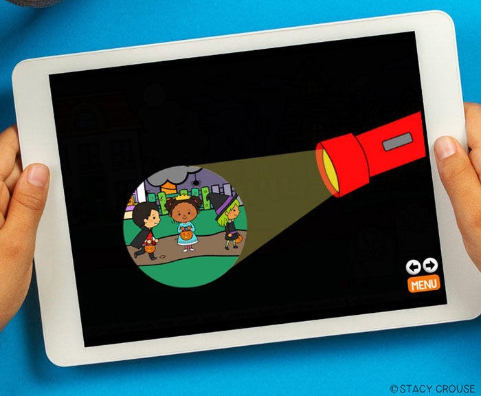 a student using a Halloween-themed flashlight search Boom Card deck to target articulation sounds in speech therapy