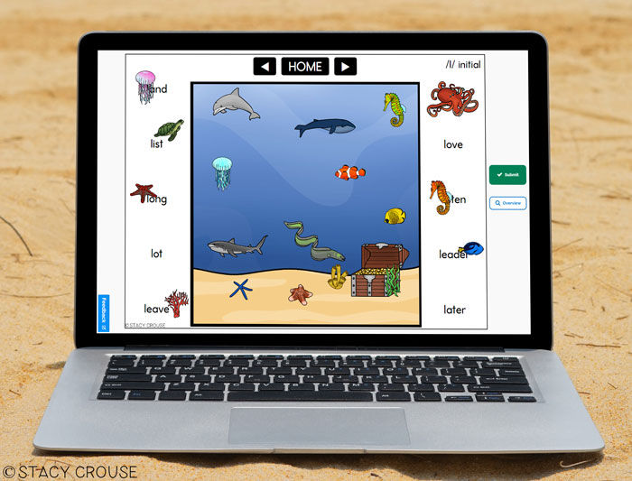 Boom Cards ocean scene creator for articulation practice on a laptop