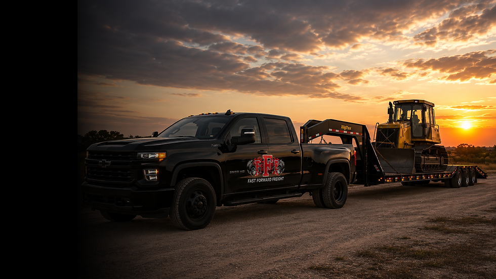 Black pickup truck with trailer at sunset