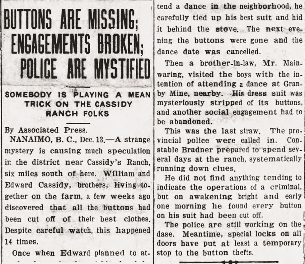 1922::Buttons Mystery in Cassidy, British Columbia