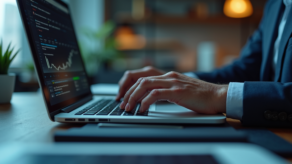 Eye-level view of a person analyzing investment data on a laptop