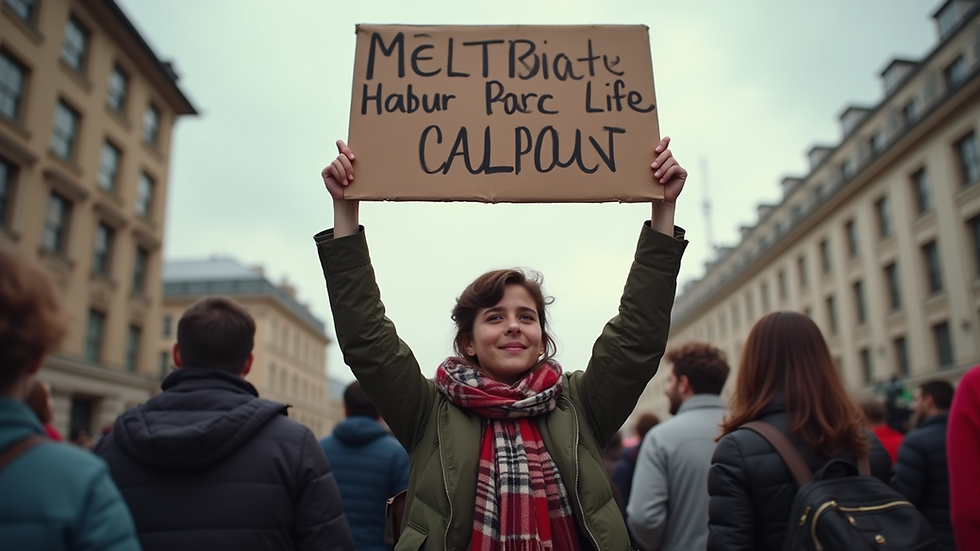 Eye-level view of a young activist holding a sign at a protest