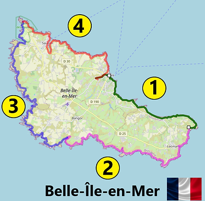 carte tour à pied de Belle-Île-en-Mer en 4 étapes, Bretagne, France