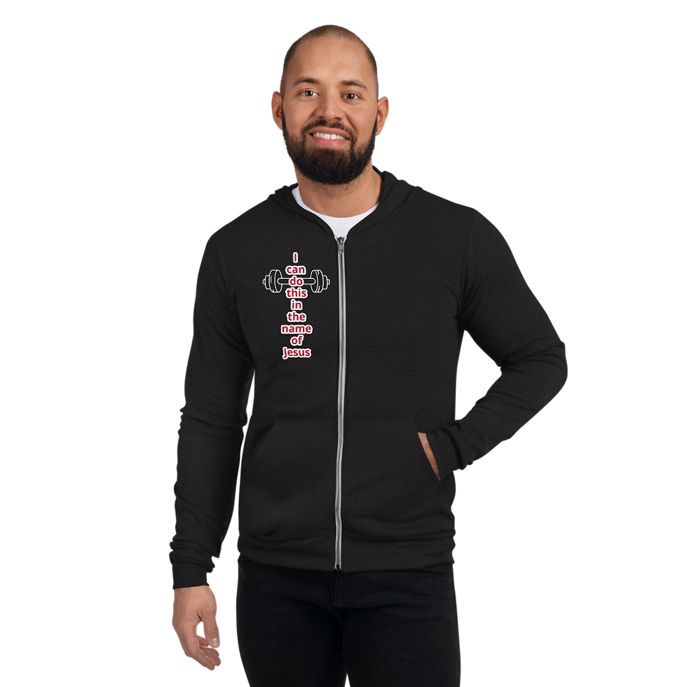 Thumbnail: man wearing a black zip up hoodie that says I can do this in the name of Jesus.