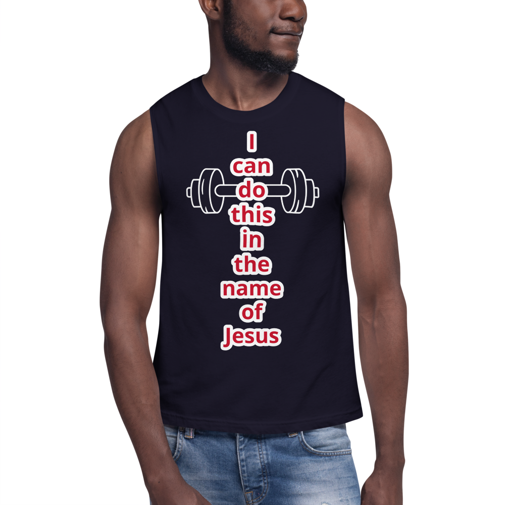 man wearing a dark blue muscle shirt that says I can do this in the name of Jesus.