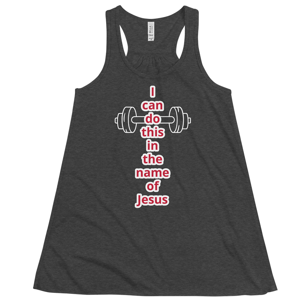 Thumbnail: woman wearing a charcoal  gray tank top that says I can do this in the name of Jesus.
