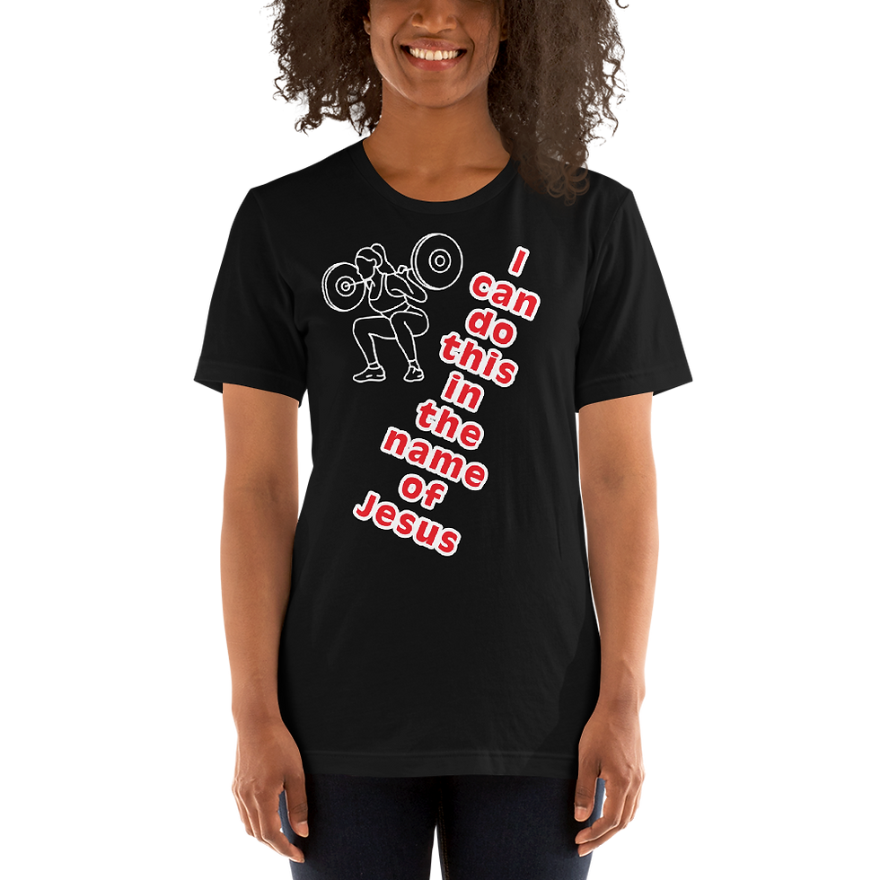 Thumbnail: woman with a black short sleeve shirt on that says I can do this in the name of Jesus.