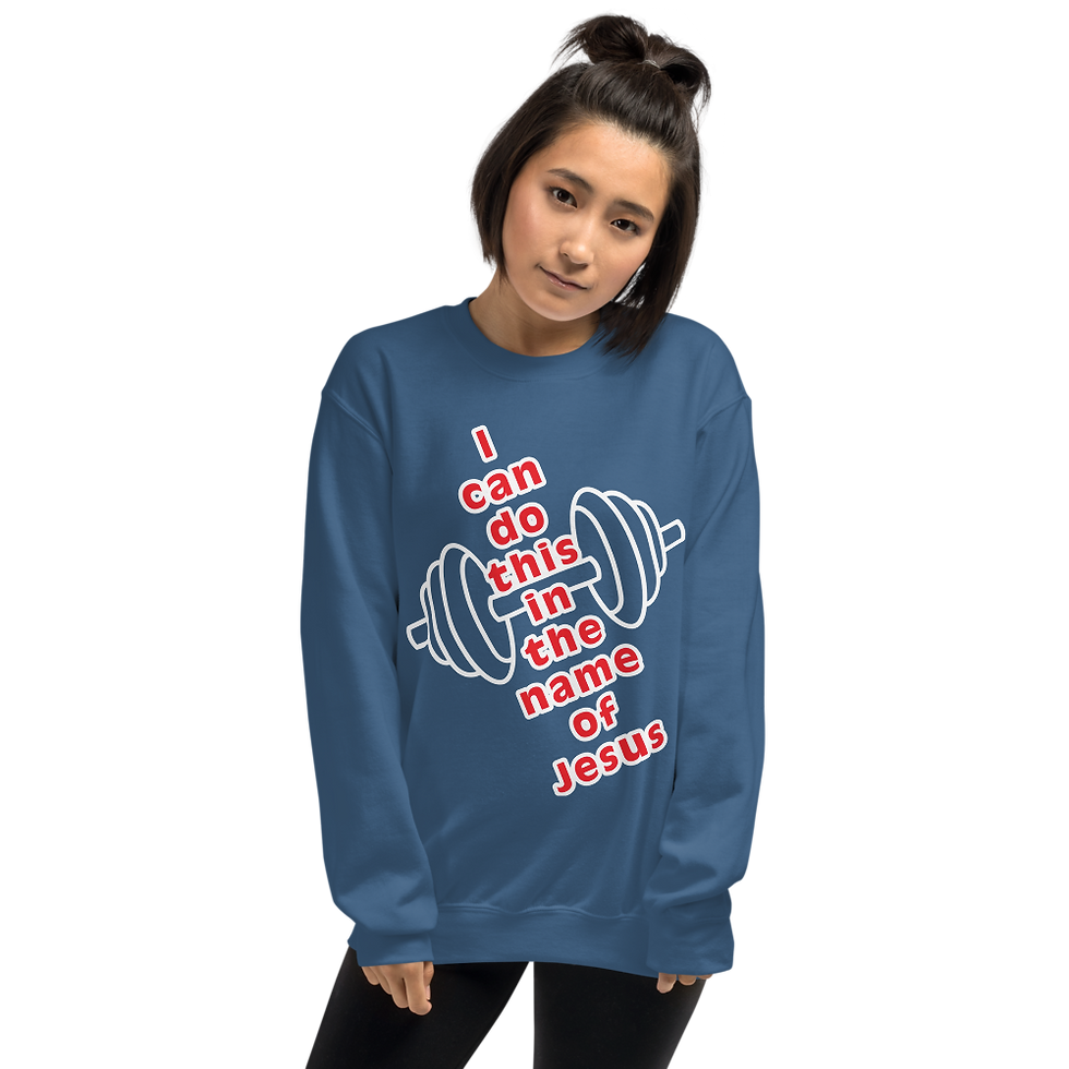Thumbnail: woman with a blue long sleeve sweat shirt on that says I can do this in the name of Jesus.